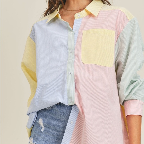 Mable Tops - Mable Hazel Color Block Long Sleeve Button Down Shirt Relaxed Fit M/L Pastel